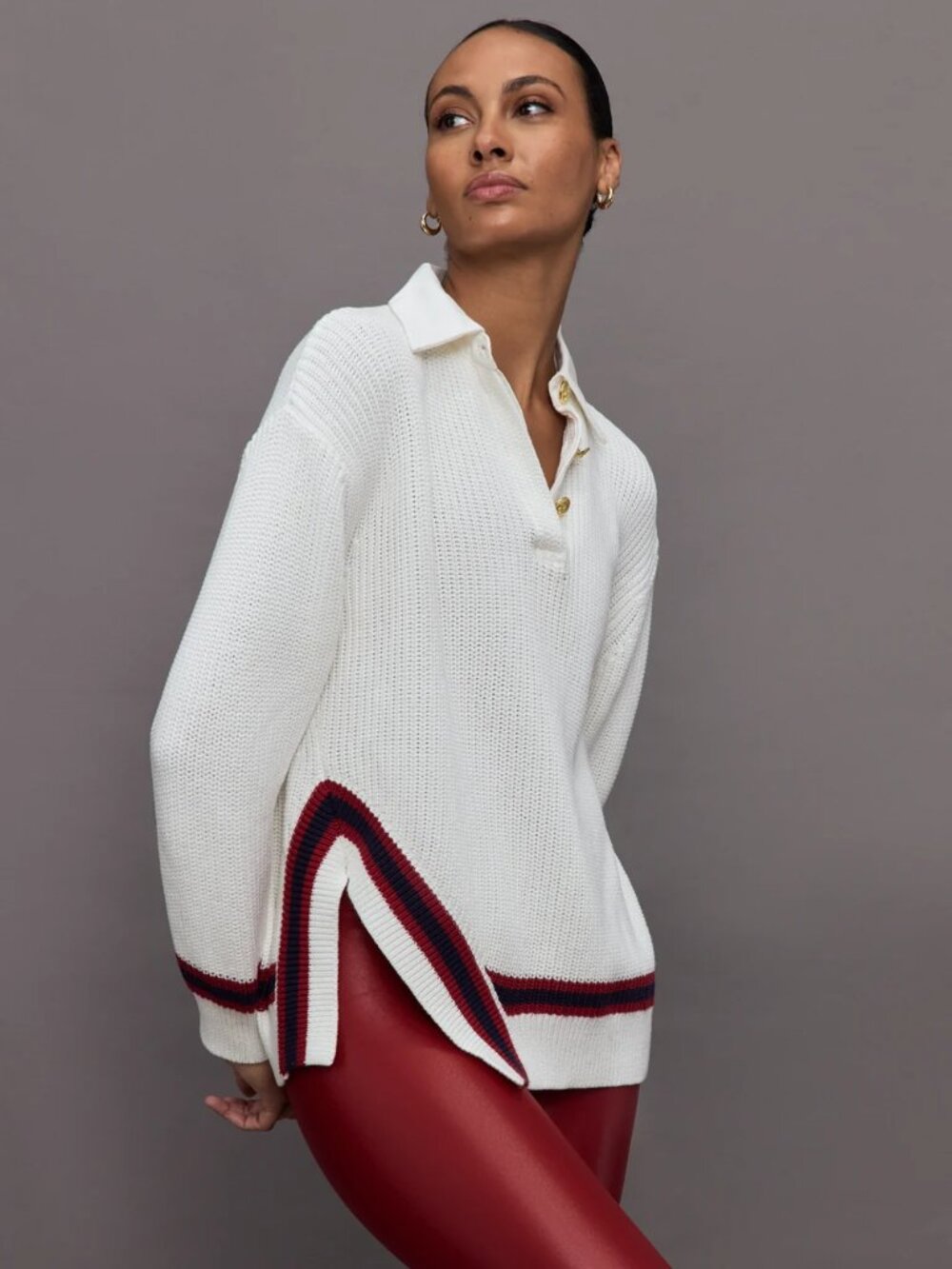 CARBON38 Ivory Cotton Knit Mixed Media Rugby Collared Sweater, Size S